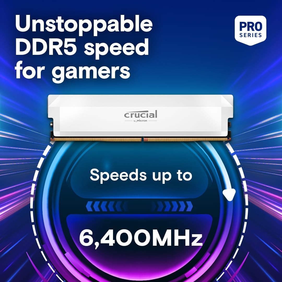Crucial Pro 32GB DDR5 RAM Kit (2x16GB) 6400MHz CL38 White Gaming Memory (CP2K16G64C38U5W)