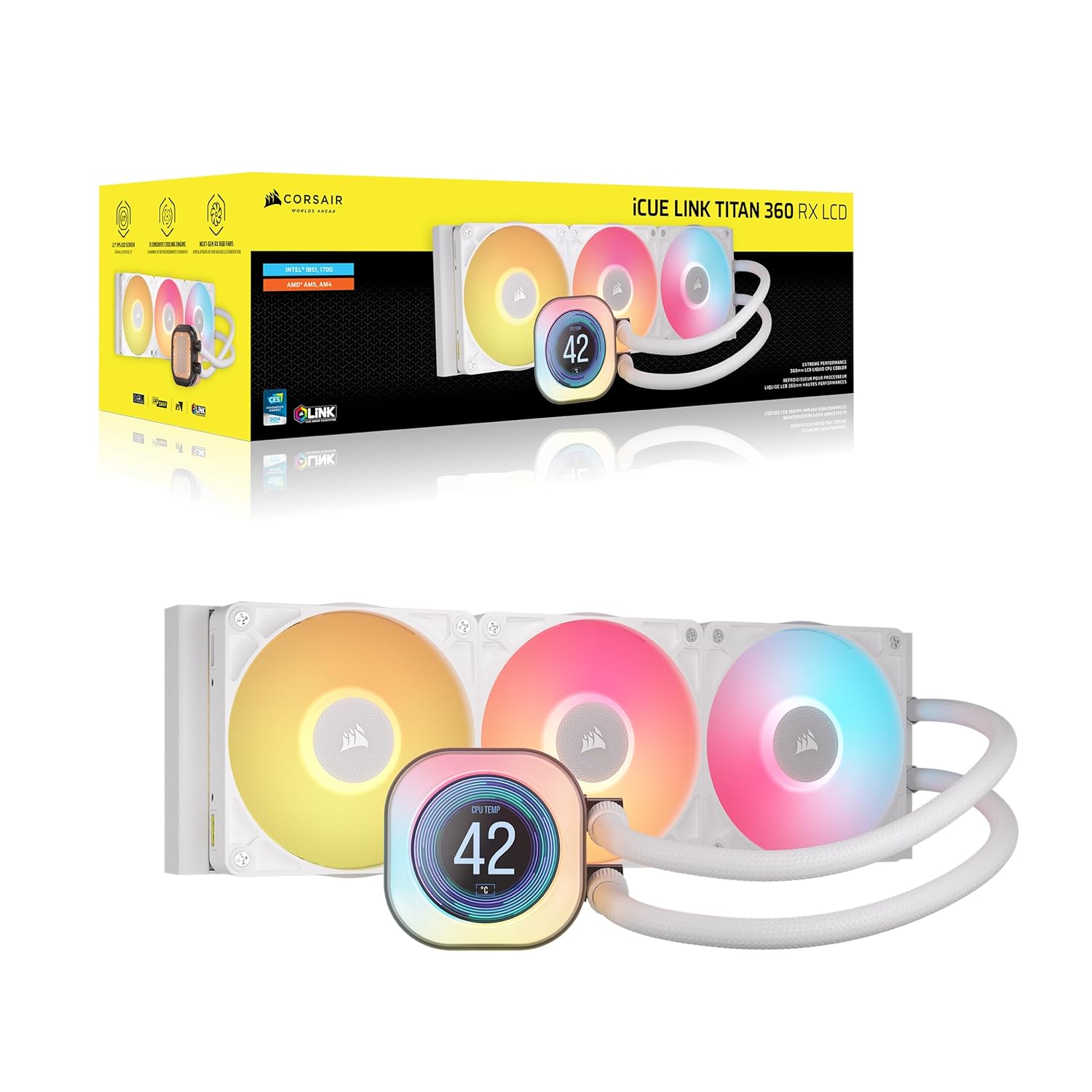 Corsair iCUE Link Titan 360 RX LCD White Liquid CPU Cooler - 360mm AIO Custom IPS Screen Hub (CW-9060092-WW)