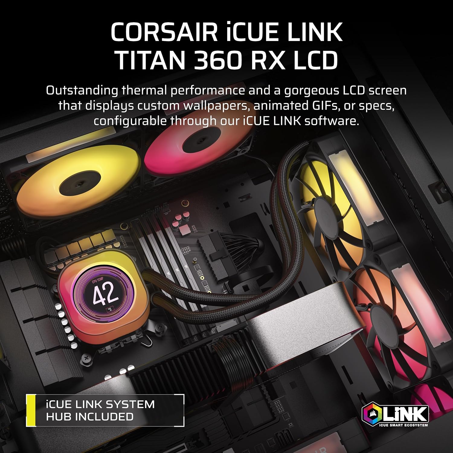 Corsair iCUE Link Titan 360 RX LCD Liquid CPU Cooler - 360mm AIO Custom IPS Screen Hub (CW-9060091-WW)
